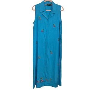 VINTAGE ERIKA LINEN BLEND TIE BACK FRONT BUTTON EMBROIDERED MIDI DRESS. Size: 6